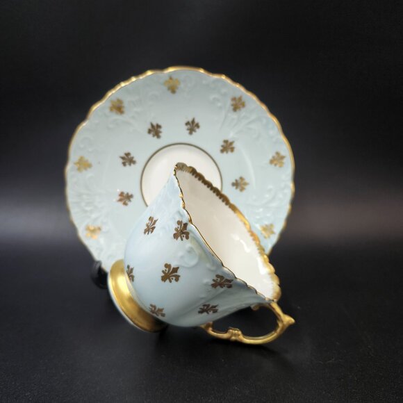 Vintage Aynsley Quatrefoil "Fleur De Lis" Light Blue Tea Cup & Saucer England - Picture 2 of 10